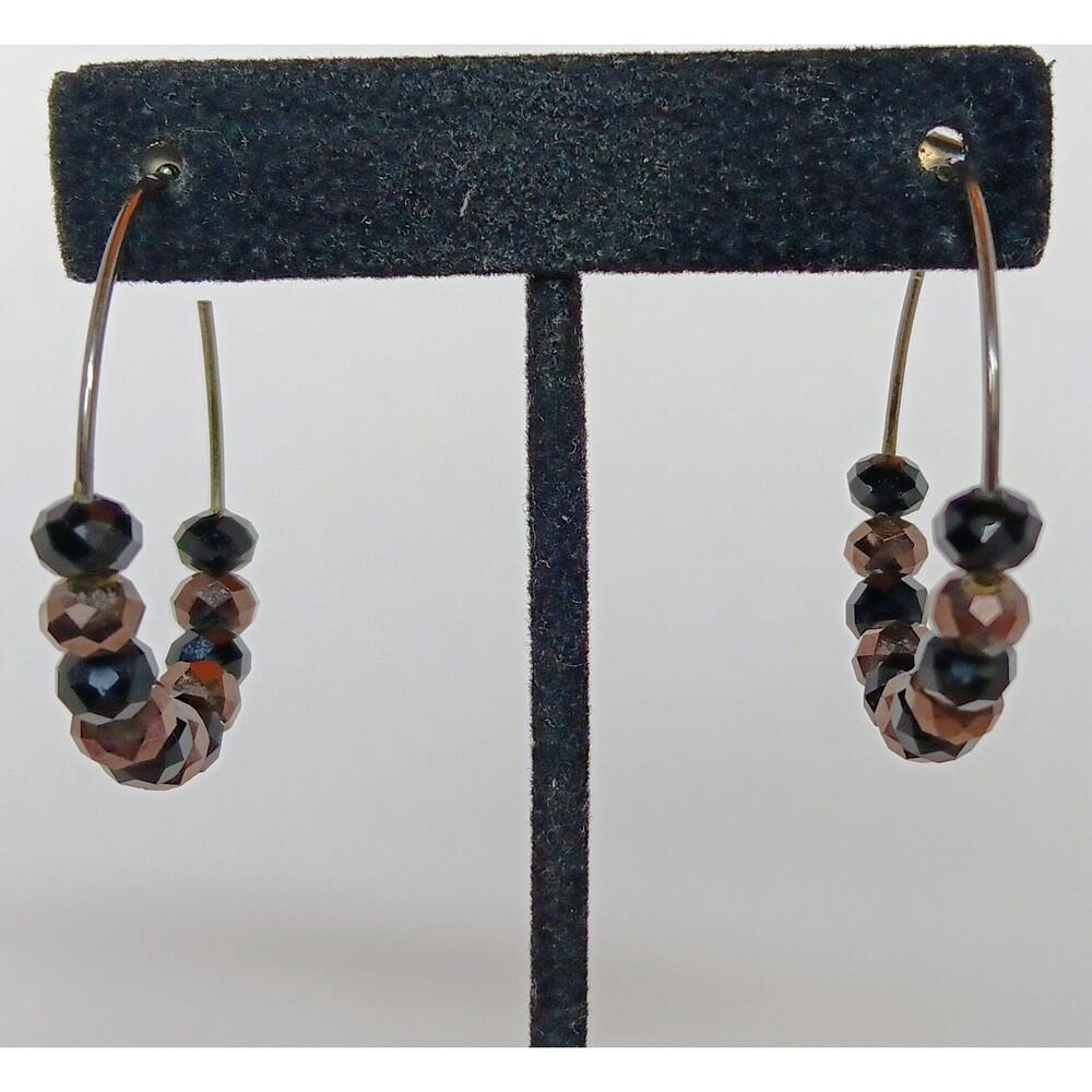 Gunmetal Black & Silver AB Faceted Glass Hoop Earrings 1.75 in
